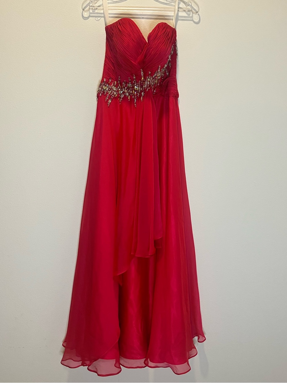 Red Beaded Strapless Evening Gown